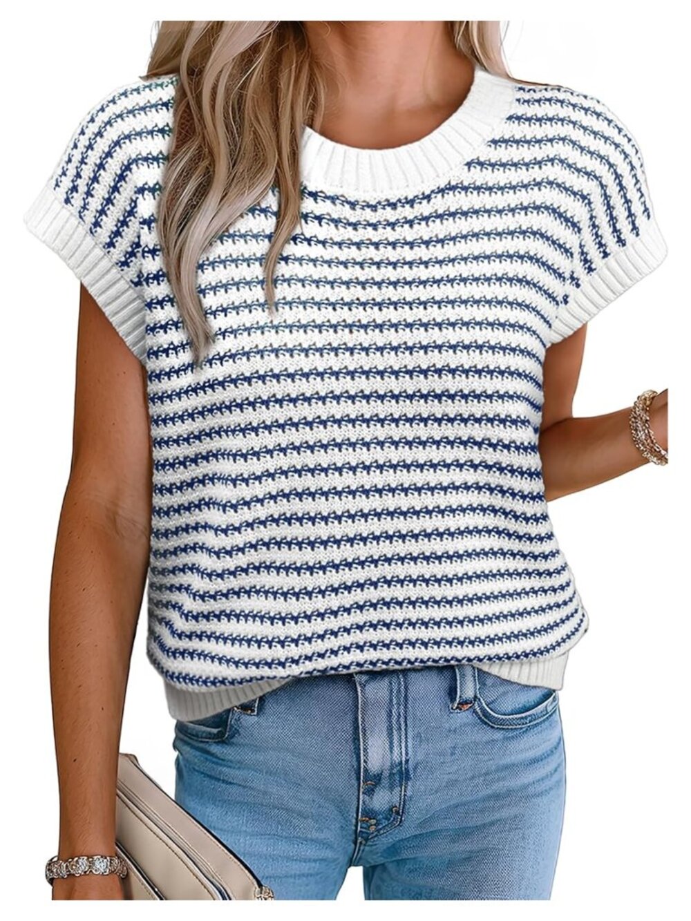 Women's Striped Cap Sleeve Sweater Vest Crew Neck Ribbed Knit Tank Top